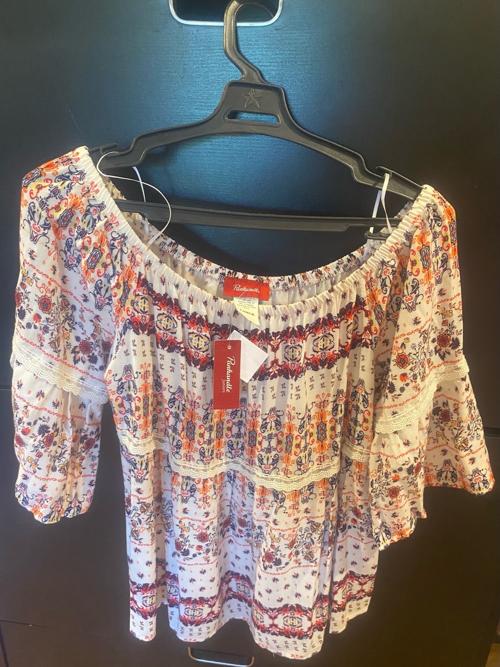 Panhandle Juniors White Floral Off-Shoulder Boho Blouse with Blue & Orange Print
